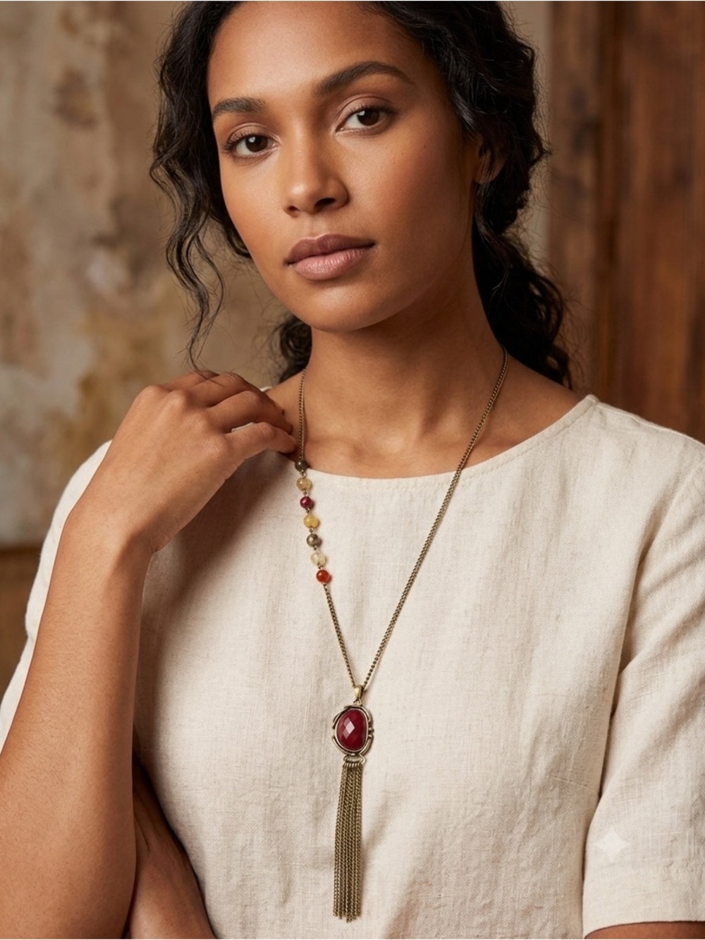 Lucky Brand Boho Tassel Pendant Necklace with Pink Stone